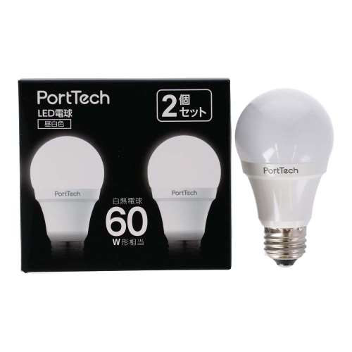 PortTech LED電球広配光60W相当 昼白色 2個セット PA60N26-2