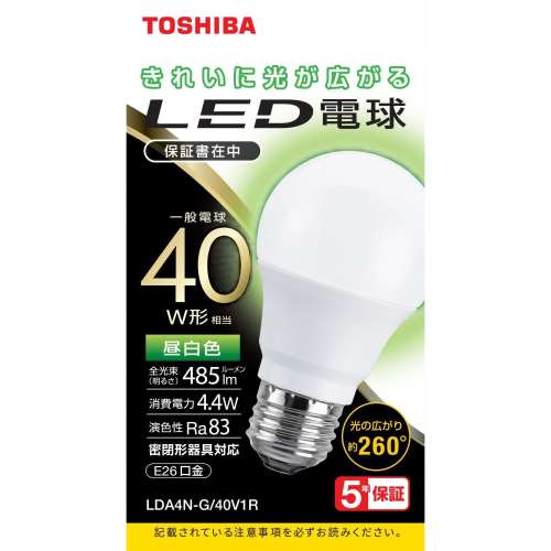 東芝電池　ＬＥＤ電球４０Ｗ昼白　ＬＤＡ４Ｎ‐Ｇ／４０Ｖ１Ｒ