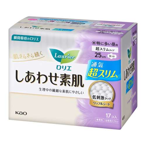 花王 ロリエ しあわせ素肌 通気超スリム 特に多い昼用２５ｃｍ 羽つき １７個
