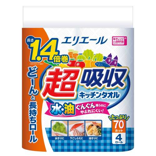 エリエールキッチンタオル　超吸収４ロール　７０カット