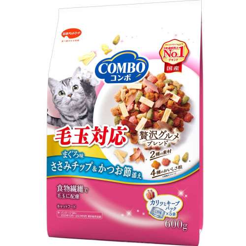 日本ペットフード　コンボキャット毛玉対応　まぐろ味・ささみチップ・かつお節添え　６００ｇ
