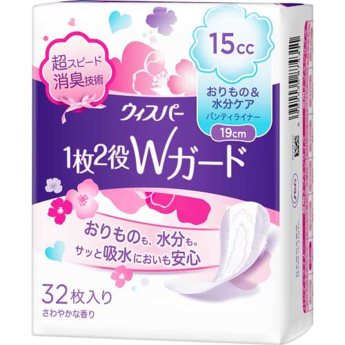 P&G ウィスパー 1枚2役Wガード おりもの&水分ケア パンティライナー 15cc 32枚入り