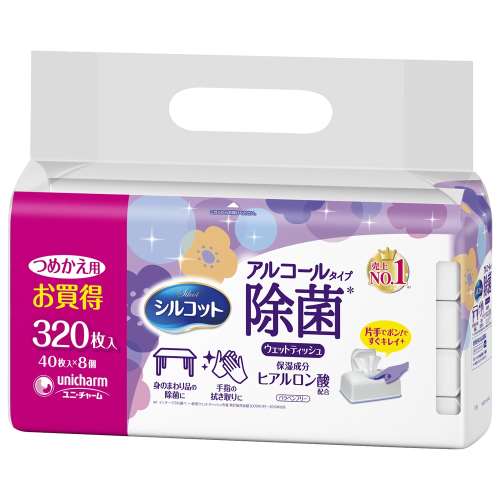 ユニ・チャーム　シルコット ウェットティッシュ アルコール除菌 ヒアルロン酸配合  つめかえ用 ３２０枚入