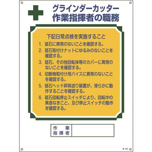 ■緑十字　資格者職務標識　グラインダーカッター作業指揮者の職務　６００×４５０ｍｍ 049603