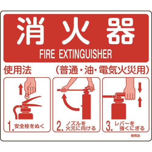 ■緑十字　消防標識　消火器使用法　２１５×２５０ｍｍ　スタンド取付タイプ　エンビ 066012