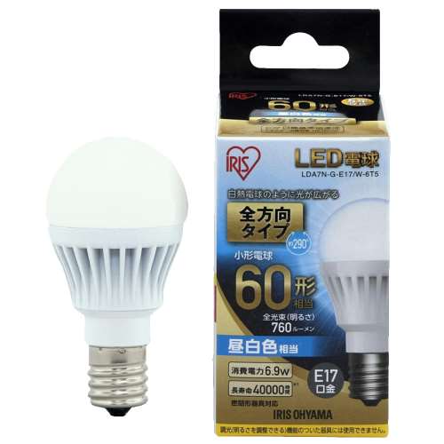 アイリスオーヤマ（IRIS OHYAMA）　ＬＥＤ電球 E17 全方向タイプ  昼白色 60形相当（760ｌm）LDA7N-G-E17/W-6T5