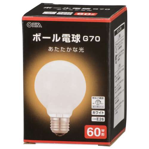 オーム電機　Ｇ７０ボール球６０Ｗホワイト　ＬＢ‐７６６０Ｋ‐ＷＮ