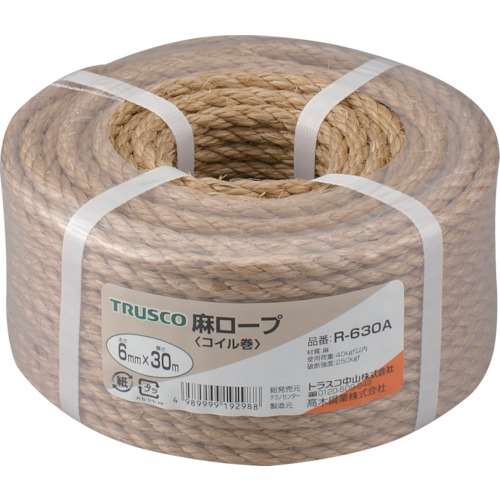 ■トラスコ中山(TRUSCO)　麻ロープ　３つ打　線径６ｍｍＸ長さ３０ｍ  R-630A   (6ﾊﾟｲX30M)