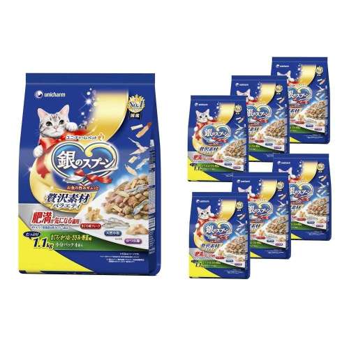 ユニ・チャーム　銀のスプーン　 贅沢素材　肥満が気になる猫用まぐろかつおささみ野菜味に天然小魚かつお節まぐろ味フレーク添え １．１ｋｇ　×6個セット