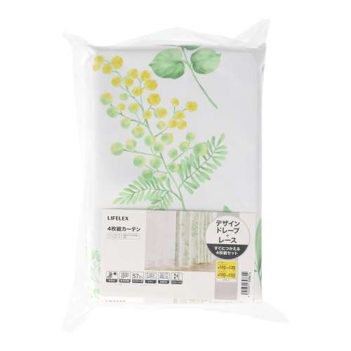LIFELEX デザイン4枚組カーテン ミモザ 約幅100×丈135cm レース丈約133cm ホワイト