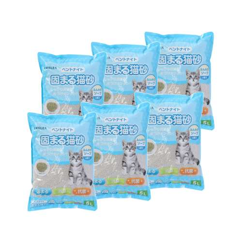 LIFELEX 猫砂 鉱物系 ベントナイト 固まる猫砂 小粒 細かい砂 消臭 抗菌 ふんわりソープの香り 5L 6個セット