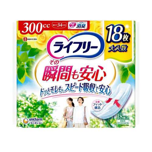 ユニ・チャーム　ライフリー その瞬間も安心 女性用尿ケアパッド 300cc 18枚 34cm【一気にくる尿もれが心配な方 】