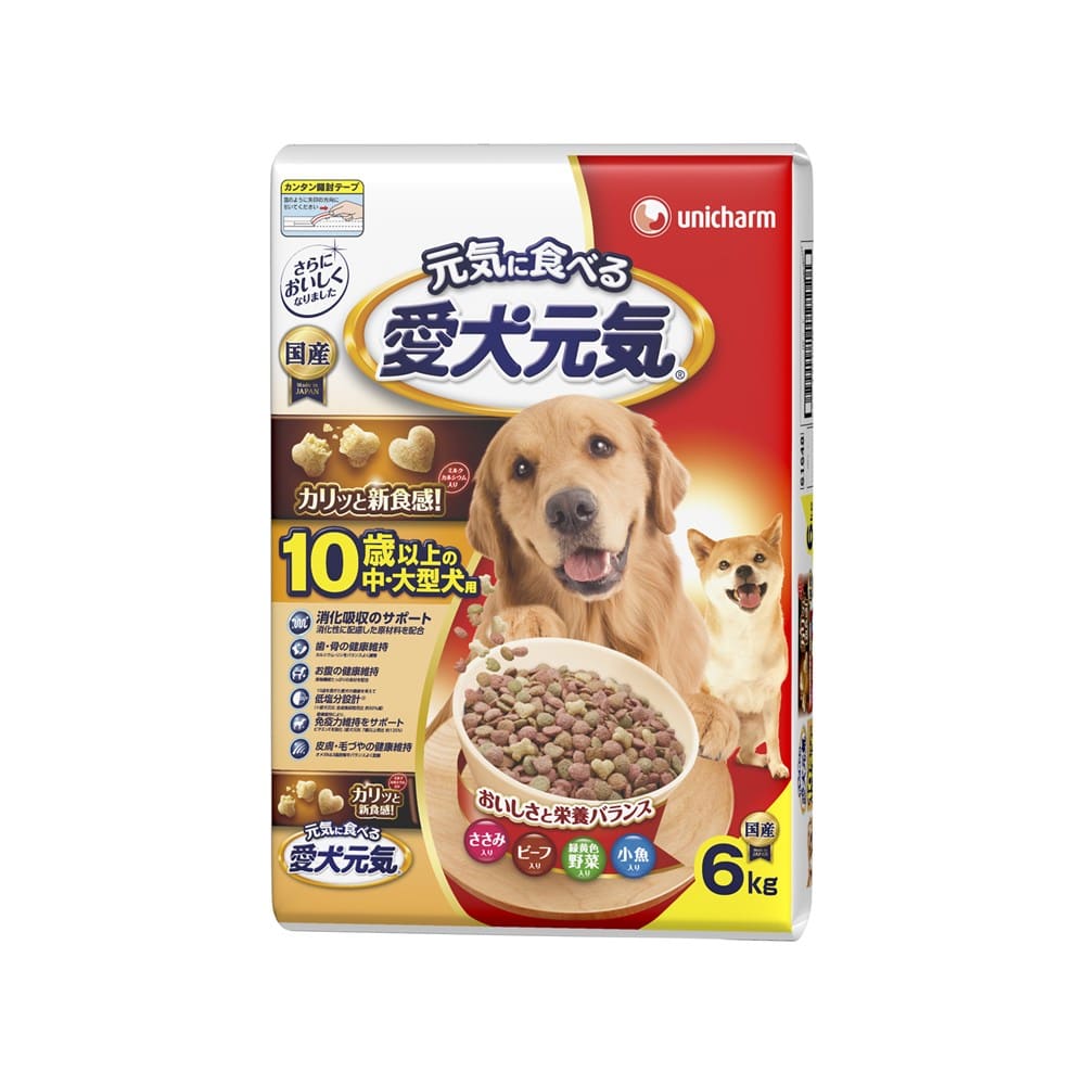 めちゃ早便 ユニ チャーム 愛犬元気10歳以上の中 大型犬用ささみ ビーフ 緑黄色野菜 小魚入り6kg 10歳以上の中 大型犬用 6kg ペット ホームセンターコーナンの通販サイト