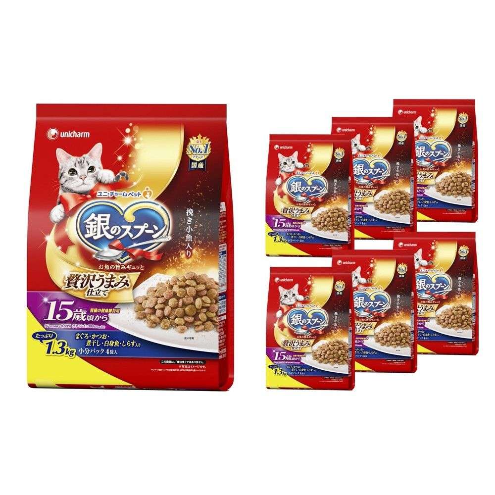 ユニ・チャーム　銀のスプーン　 贅沢うまみ仕立て　腎臓の健康維持用１５歳が近づく頃から　お魚づくし　１．３ｋｇ　×6個セット 6個セット