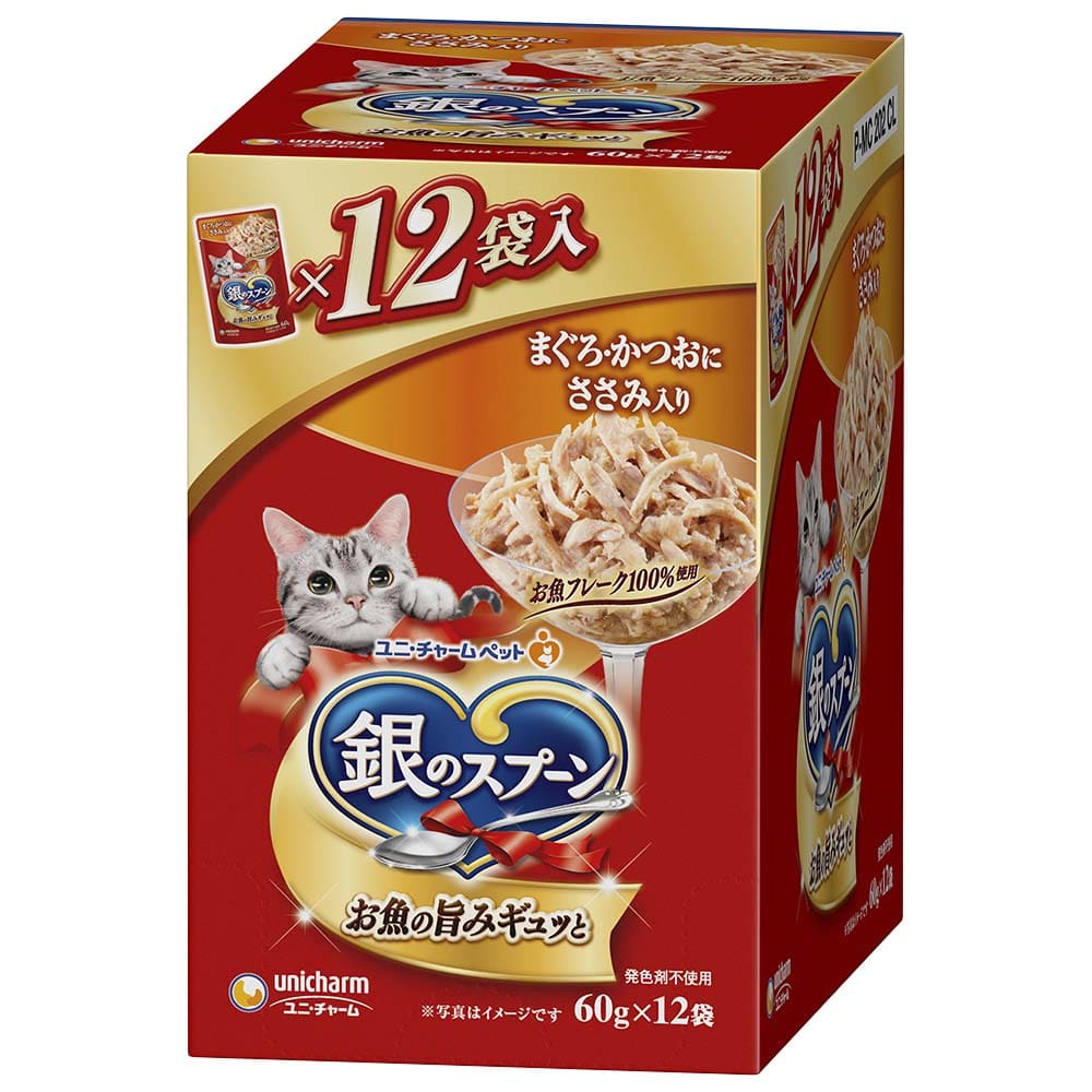 ユニ・チャーム　銀のスプーン パウチまぐろ・かつおにささみ入り ６０ｇ×１２個