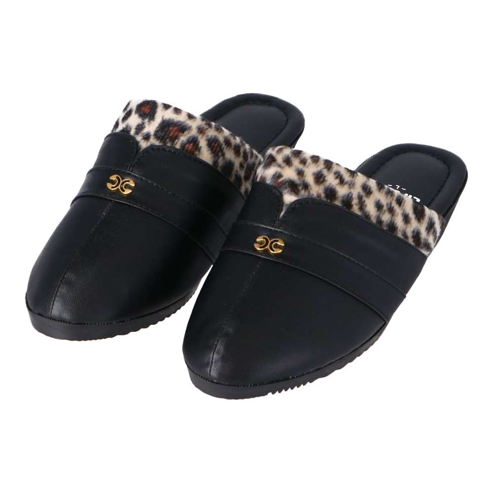 LIFELEX 婦人防寒サンダル　襟ヒョウ柄　ブラック　Ｌ　２３．５‐２４．０ｃｍ