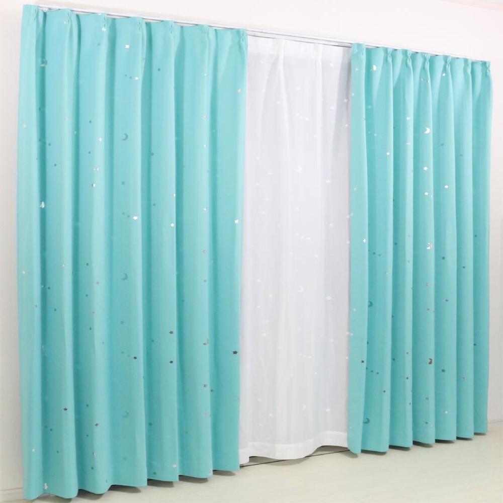 LIFELEX　遮光遮熱保温カーテン　スター　１００×１３５ｃｍ　ターコイズブルー　２枚組 幅100×丈135ｃｍ