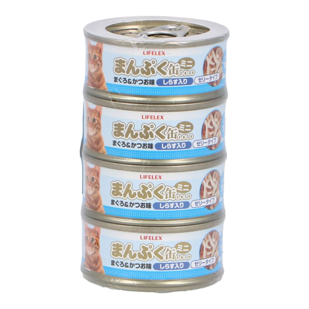 まんぷくミニ缶ゴールド　まぐろかつお味しらす入り　ゼリータイプ ７０ｇ×４缶 まぐろかつお味しらす入り