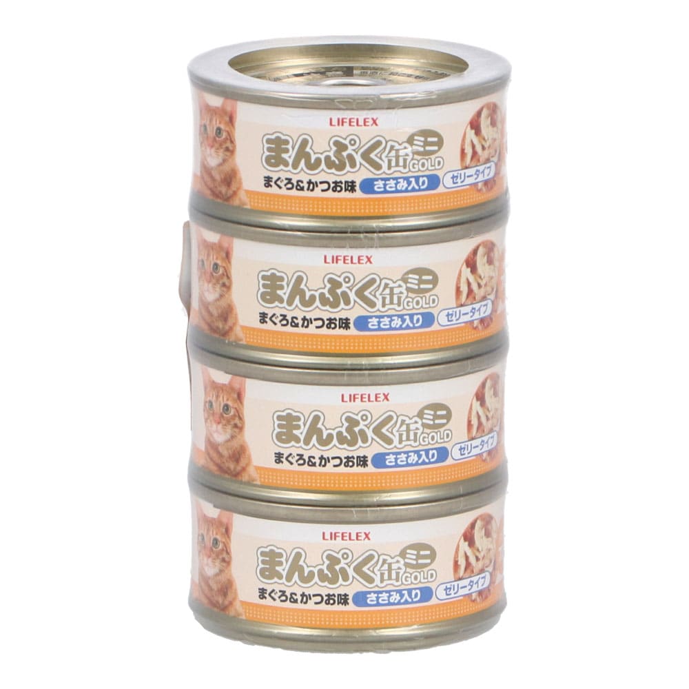 まんぷくミニ缶ゴールド　まぐろかつお味ささみ入り　ゼリータイプ ７０ｇ×４缶 まぐろかつお味ささみ入り