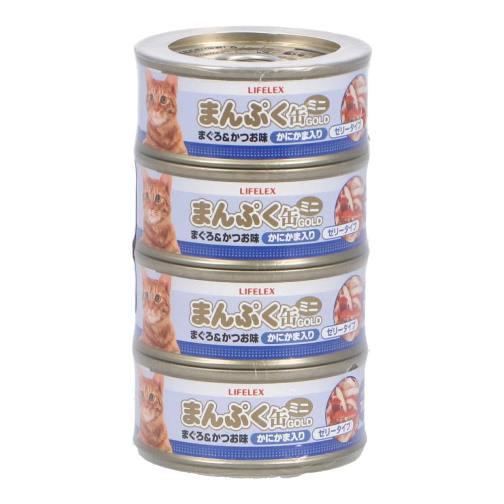 まんぷくミニ缶ゴールド　まぐろかつお味かにかま入り　ゼリータイプ ７０ｇ×４缶 まぐろかつお味かにかま入り