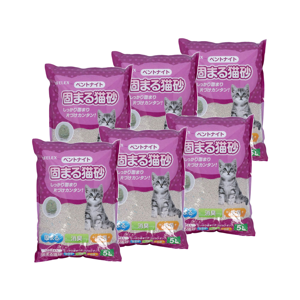 LIFELEX 猫砂 鉱物系 ベントナイト 固まる猫砂 小粒 細かい砂 消臭 抗菌 5L 6個セット ６個セット