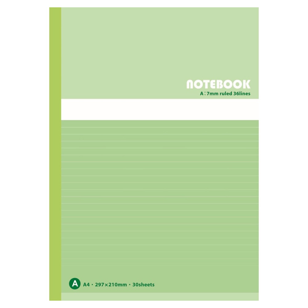 ノートＡ４ Ａ罫３０枚 ＫＯ－ＮＡ４－Ａ３０ グリーンヨコ２１０×タテ２９７×厚み３㎜ Ａ４　Ａ罫３０枚 グリーン