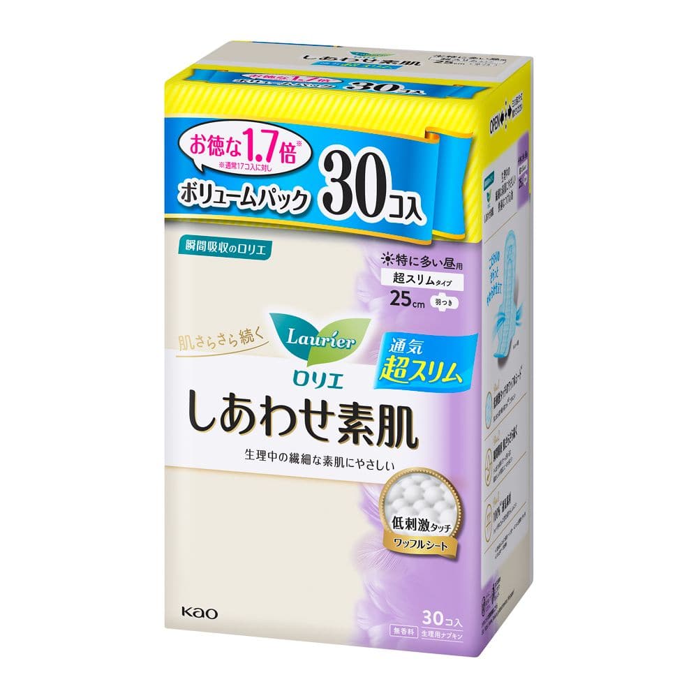 ロリエ　しあわせ素肌　ボリュームパック　通気超スリム　特に多い昼用２５ｃｍ　羽つき　３０個 特に多い昼用２５ｃｍ　羽つき　３０個