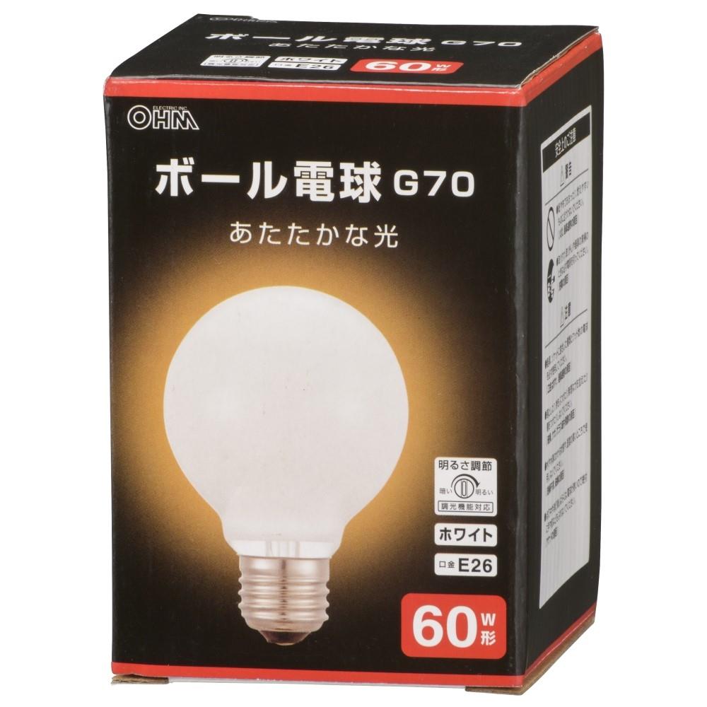 オーム電機　Ｇ７０ボール球６０Ｗホワイト　ＬＢ－７６６０Ｋ－ＷＮ ホワイト