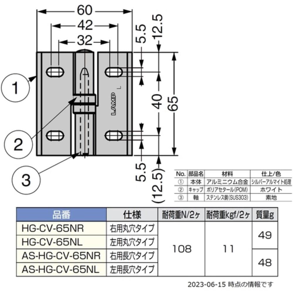 ■ＬＡＭＰ　クリーンヒンジ右用ＨＧ－ＣＶ６５ＮＲ（１７０－０９１－４５２）　HG-CV65NR HG-CV65NR