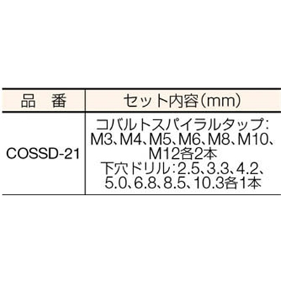 ■ＩＳ　コバルトスパイラルタップ・ドリルセット　COSSD-21 (ｺﾊﾞﾙﾄ ｽﾁｰﾙｹｰｽｲﾘ) COSSD-21 (ｺﾊﾞﾙﾄ ｽﾁｰﾙｹｰｽｲﾘ)