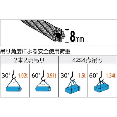 ■トラスコ中山(TRUSCO)　玉掛けワイヤーロープ　段落し　８ｍｍＸ３ｍ　TWD-8S3 TWD-8S3