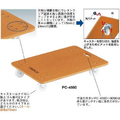 ■トラスコ中山(TRUSCO)　合板平台車プティカルゴ　４５０Ｘ４５０　ゴム車　PC-4545G PC-4545G