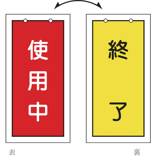 ■緑十字　バルブ表示板　使用中（赤）⇔終了（黄）　１００×５０ｍｍ　両面表示　塩ビ166016