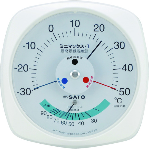 ■佐藤　ミニマックス１型最高最低温度計（湿度計付き）　（７３０８－００） 730800