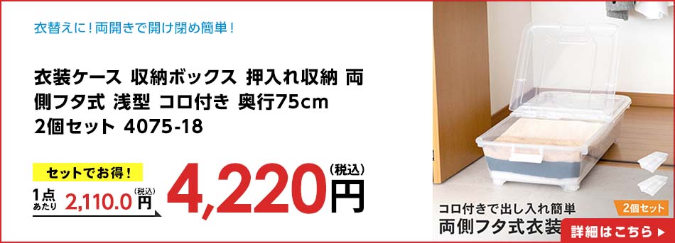 衣装ケース 収納ボックス 押入れ収納 両側フタ式 浅型 コロ付き 奥行75cm 2個セット 4075-18