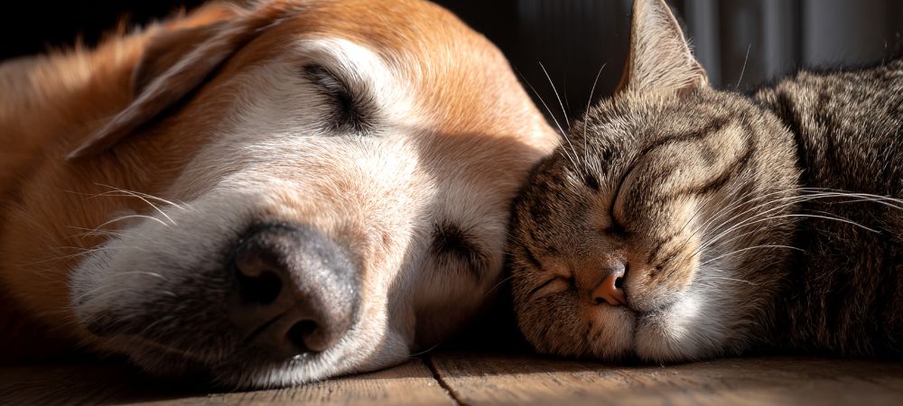 仲良く一緒に寝ている犬と猫